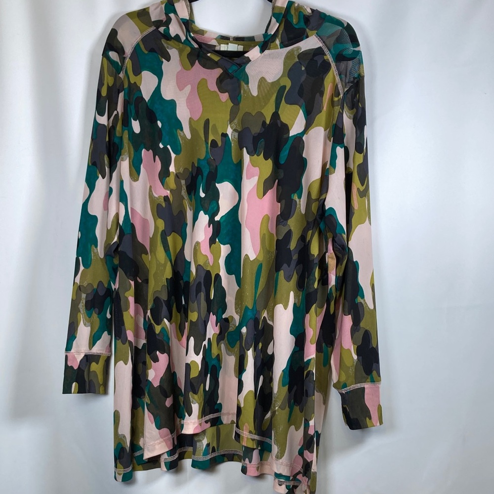 Sz 2X LOGO Lounge by Lori Goldstein Camo Print Sheer Mesh Hoodie Swim Coverup